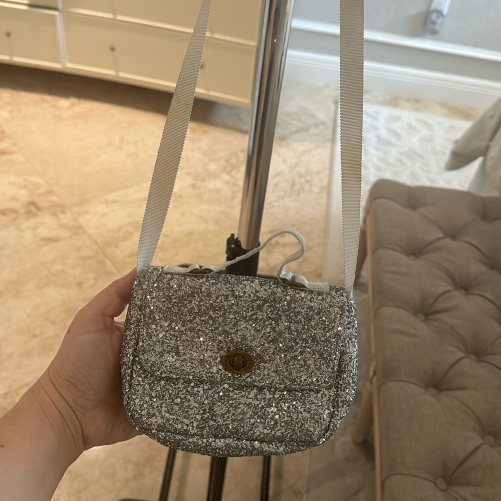 J Crew, Crewcuts silver glitter crossbody bag for girls.